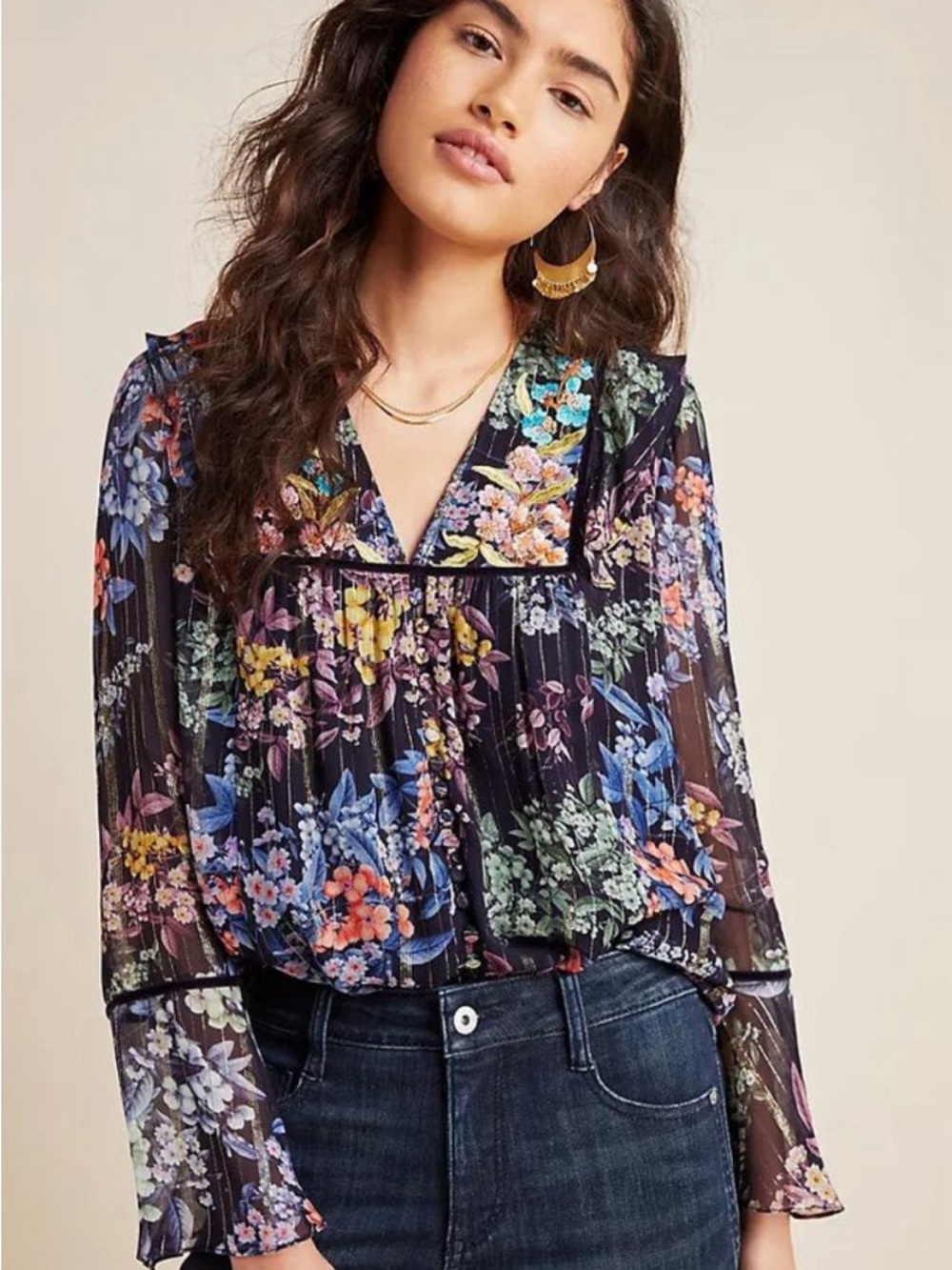 Vineet Bahl Size M Anthro Sheer Embroidered Floral Peasant Top